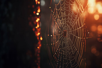 detailed view of a spidera??s web against a dark background, suitable for halloween or intricate des