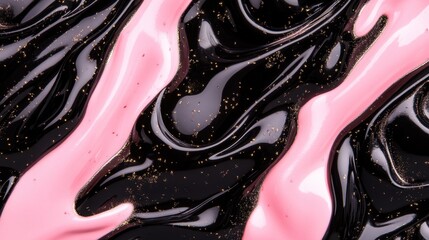 Poster - An abstract close-up shot captures the swirling motion of glossy black and pink paint mixed with glitters, resembling a cosmic or fluid art design