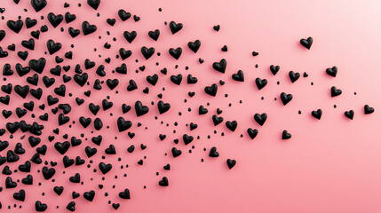 Poster - Black hearts scattered on a pink background with space for text, representing Valentine's Day, modern romance, and creative love designs