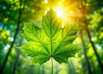 Wall Mural - Majestic Green Maple Leaf Rotating in Summer Sunlight, Park Background