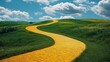 © Joachim - The image showcases a vividly colored yellow brick road meandering through verdant green fields under a partly cloudy sky, embodying a sense of adventure.