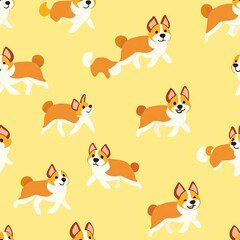  Seamless Pattern of Cute Cartoon Corgi Design on Light Yellow Background.
