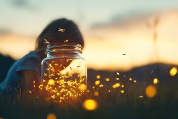 Poster - A child observing fireflies in a jar during twilight, their face lit by the tiny glowing insects