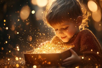 Poster - A child opening a treasure chest filled with glittering gold and jewels, their face lit with wonder