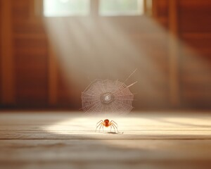 Poster - Serene Interior Spider Web Artistry Long-Legged Cellar Spider in Soft Light - Sustainable Home Design and Insect Awareness for Green Living Spaces