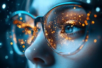 Poster - A close-up of a person face greatly illuminated by a spark of inspiration while working late at night