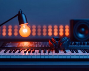 Aufkleber - Warm Minimalist Music Studio Setup Synth Keyboard and Soft Lighting - Audiophile Workspace Design for Digital Music Production and Creative Innovation