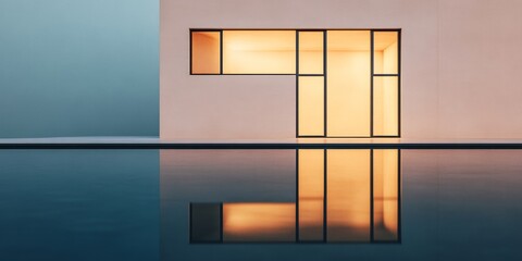 Aufkleber - Sleek Geometric Facade Illuminated Minimalist Concrete Exterior with Water Reflection - Upscale Real Estate Showcase and Exclusive Living Experience