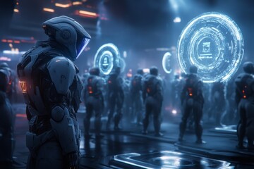 Poster - A cyberpunk-inspired scene of a futuristic market where a scanner is identifying people identities with holographic projections glowing in neon blue and purple