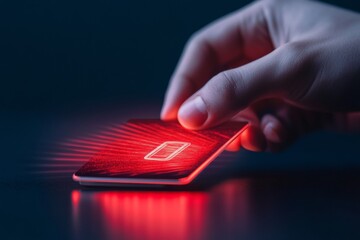Aufkleber - Futuristic Contactless Payment Interface Red Holographic Credit Card and Terminal on Glossy Black - Fintech Innovation for Modern Commerce and Tech Integration