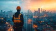 © Joachim - A construction worker wearing a hard hat and vest gazes over a sprawling cityscape at sunset, symbolizing progress and urban development.
