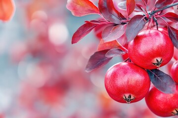 Wall Mural - Close up of juicy red pomegranate seeds surrounded by dark red leaves under soft natural lighting in an elegant setting