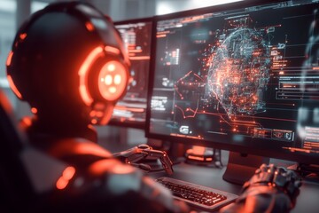 Aufkleber - A futuristic scene of a control room where a leader oversees a vast city displayed on a holographic map, with glowing data streams and robotic assistants