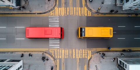 Poster - Dynamic Urban Transit Network Aerial Street View with Red and Yellow Buses and Pedestrians - Modern Mobility Solutions and Digital Urban Advertising for Smart City Planning