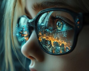 Sticker - Futuristic Cityscape Reflected in Child s Eye Symbolizing Dreams and for a Better Tomorrow