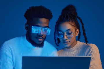 Leinwandbilder - Futuristic Cybersecurity Design Diverse IT Professionals Analyzing Encrypted Data on Laptop Holographic Tech Icons in Blue Hue for Advanced Digital Protection Strategies