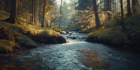 Sticker - A stream of water flows through a forest. The water is clear and calm, and the trees are lush and green. The scene is peaceful and serene, and it evokes a sense of tranquility and relaxation