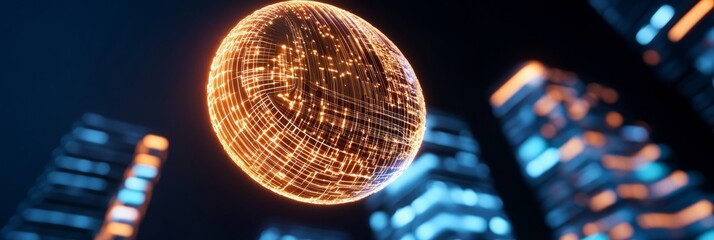 Aufkleber - Futuristic Financial Skyline Neon-Edged Skyscrapers with Digital Coin - Urban Design and Blockchain Visualization for Tech-Driven Business Insights and Modern Economic Innovation