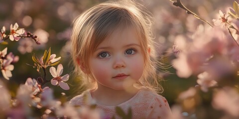 Wall Mural - A young girl is standing in a field of flowers. She is wearing a pink shirt and has her hair in a ponytail. The flowers are pink and white, and they are scattered throughout the field