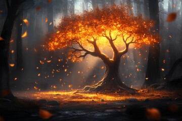 Poster - A magical tree glowing greatly with golden light in the center of a mystical forest, its branches laden with shimmering fruits, captivating adventurers