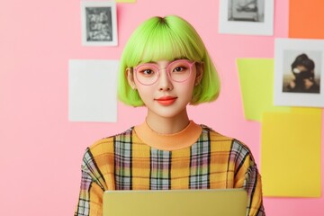 Aufkleber - E-Girl Aesthetic in Trendy Coworking Space East Asian Gen Z Entrepreneur with Neon Green Hair and Colorful Laptop - Creative Startup Dynamics and Youthful Business Growth
