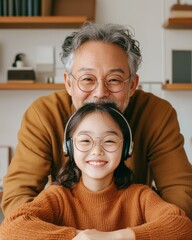 Poster - Contemporary Family Learning Korean Father-Daughter Duo in Modern Home Office with Warm Lighting and Digital Innovation - Enhancing Educational Tech for Home Classrooms