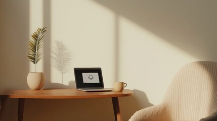 Poster - Minimalist Workspace Aesthetic Wooden Desk with Meditation Timer Laptop and Tea - Calm Productivity for Stress Management in Modern Business Environments