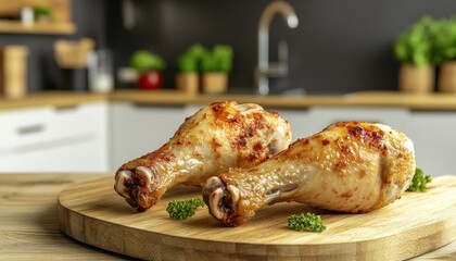 Wall Mural - Two golden brown roasted chicken drumsticks resting on wooden cutting board in modern kitchen