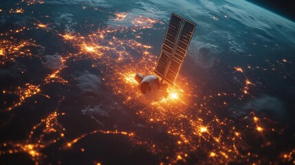 Wall Mural - A satellite is floating in space above a planet with a bright orange glow