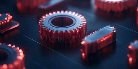 Aufkleber - Futuristic Industrial Precision Metallic Gear Structures and Robotics Components in Neon Light - Cutting-Edge Tech Display for Innovation in Manufacturing Systems