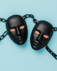 Aufkleber - Minimalist Black Masks with Chains on Pastel Blue - Symbolic Art for Social Awareness Campaigns and Cultural Dialogue in Modern Advocacy