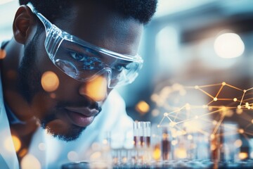 Poster - A scientist in a lab, overseeing a team conducting experiments, with microscopes and test tubes on the workstations