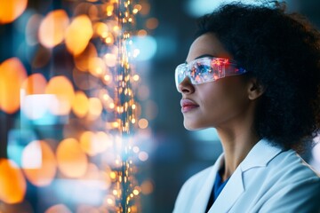 Poster - A scientist peering into a microscope, identifying cells with vibrant stains, set in a high-tech laboratory