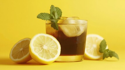 Wall Mural - A glass of lemonade with a sprig of mint on top. The glass is half full and the lemon slices are on the table