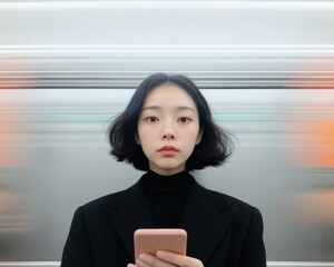 Aufkleber - Streamlined Urban Commute Visuals Young Asian Professional on Crowded Subway Platform - Modern Mobility Solutions and Digital Branding for Transport Efficiency