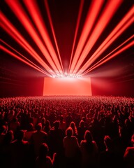 Poster - Vibrant Concert Ambiance Enthusiastic Diverse Audience Raising Hands Under Dynamic Red Lighting in Smoke - Engaging Entertainment Content and Event Marketing Strategies