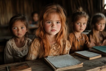 Poster - A teacher in a classroom with a visibly insufficient number of textbooks for the students, looking concerned