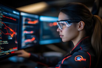 Poster - A tech specialist identifying bugs in a program, with lines of code displayed on multiple monitors