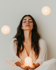 Poster - Mystical Wellness Aesthetic Latina Woman with Glowing Zodiac in Minimalist Candlelit Space - Spiritual Content for Mindfulness Brands and Holistic Lifestyle Promotions