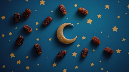 Wall Mural - a blue background with a large crescent moon and many small stars. the scene is peaceful and serene,