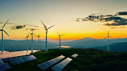 tall wind turbines against a clear blue sky, generating renewable energy in a serene mountain landsc