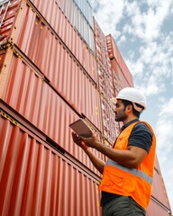 Poster - Modern Industrial Port Aesthetics South Asian Dock Worker Using Tablet by Stacked Containers - Smart Shipping and Digital Operations in Dynamic Logistics Hub