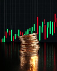 Poster - Dramatic Bitcoin Display Stacked Gold Coins on Reflective Surface with Market Data - Fintech Innovation and Blockchain Investment Content