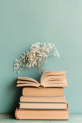 Aufkleber - Minimalist Education Display Open Books on Rustic Wooden Surface with Stationery - Boosting Learning Engagement and Knowledge Sharing in Modern Educational Environments