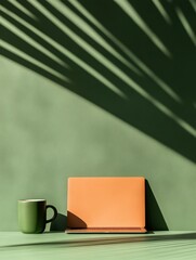 Leinwandbilder - Minimalist Workspace Aesthetic Earthy Laptop and Green Mug on Patterned Wood - Contemporary Remote Learning Design and Digital Innovation