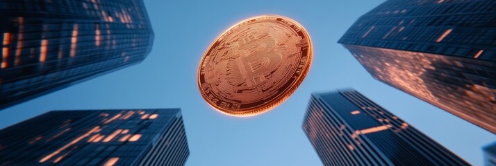 Aufkleber - Neon-Futuristic Finance Digital Coin Amidst Wireframe Skyscrapers - Conceptual Imagery for Tech-Driven Urban Development and Blockchain Innovation