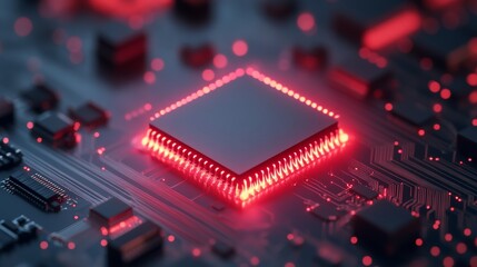 Poster - Sleek Quantum Computing Circuit Futuristic Red-Glowing Chip on Board - High-Tech Hardware Imagery for Cutting-Edge Computational Power and Digital Innovation Marketing