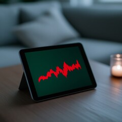 Fototapete - Modern Crypto Workspace Sleek Tablet on Wooden Surface with Dynamic Charts and Soft Lighting - Digital Finance and Tech-Driven Portfolio Management
