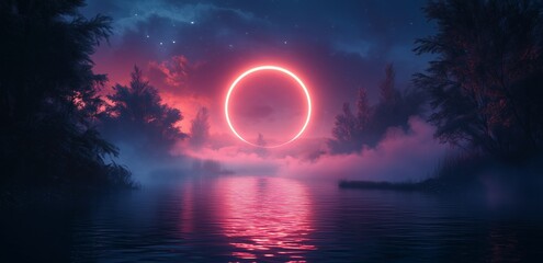 Poster - Mysterious pink ring over tranquil water at twilight in a serene forest landscape