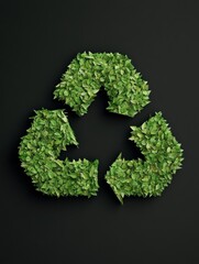 Poster - Biophilic Branding Grass and Leaf Recycle Symbol on Dark Background - Eco-friendly Visual for Sustainable Product Marketing and Green Branding Solutions